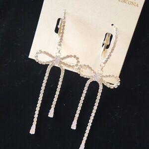 Natasha Bow Drop Crystal Dangle Earrings - Silver Brand New Te